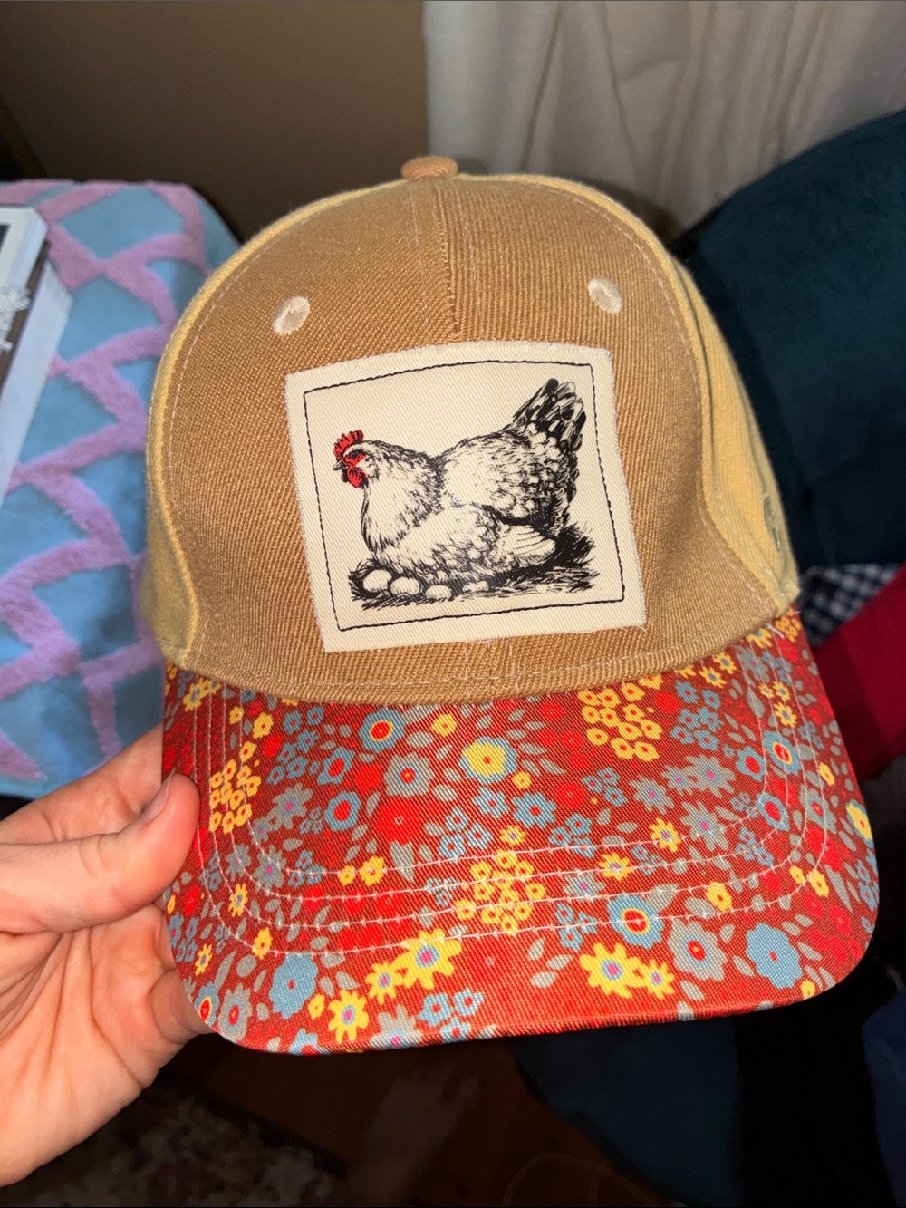 NEW Canvas Trucker Cap with Floral Bill and Chicken Patch - Brown/Red